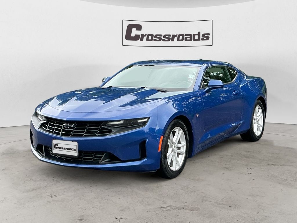 2021 Chevrolet Camaro 1LS in Riverside Blue Metallic — front three-quarter view